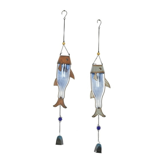 DecMode 32" Blue Metal Fish Windchime with Glass Bottle Body and Beads (2 Count)