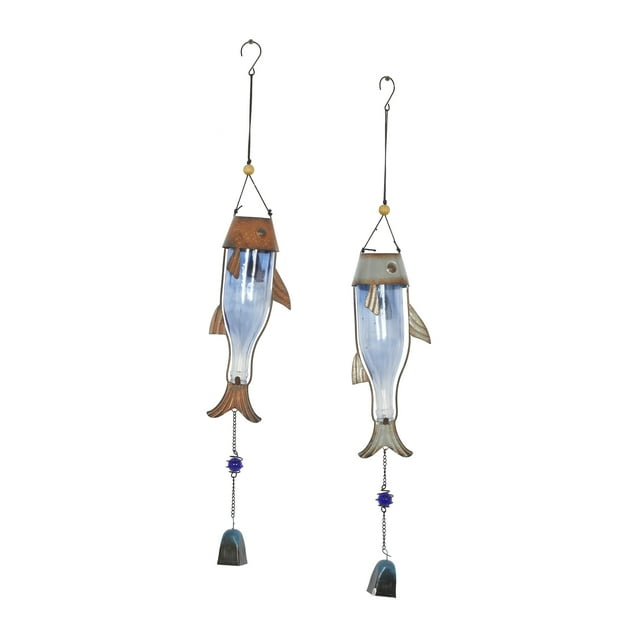 DecMode 32" Blue Metal Fish Windchime with Glass Bottle Body and Beads (2 Count)