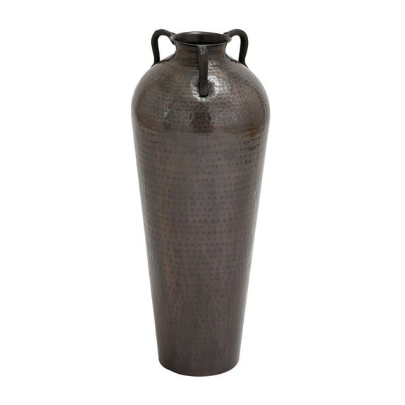 DecMode 32" Tall Floor Mediterranean Style Brown Metal Vase with Hammered Details and Handles