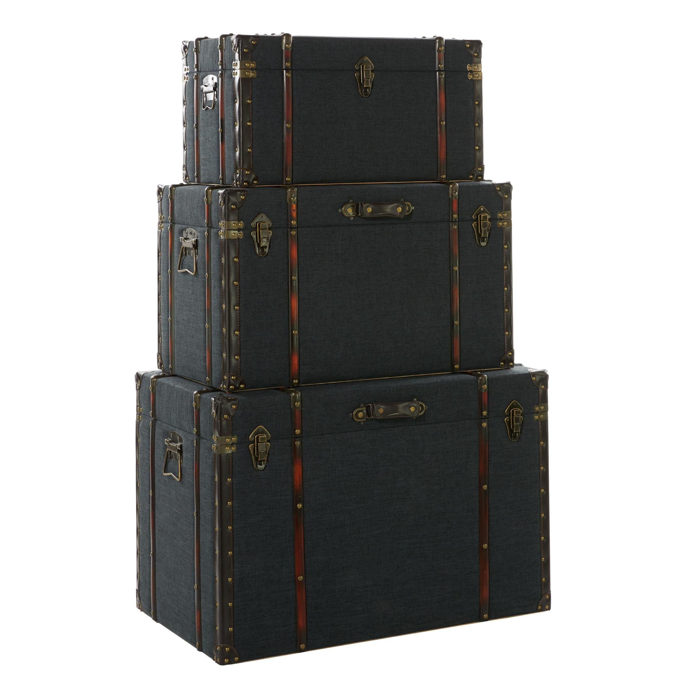 DecMode 24" x 13" Blue Linen Fabric Nesting Upholstered Trunk with Buckle Hinged Top, 3-Pieces