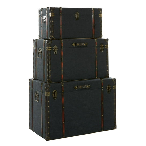 DecMode 24" x 13" Blue Linen Fabric Nesting Upholstered Trunk with Buckle Hinged Top, 3-Pieces