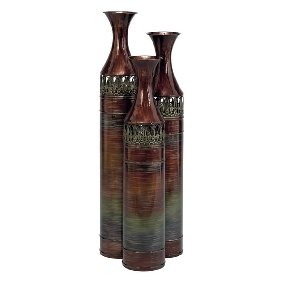 DecMode 34", 31", 28"H Tall Ombre Bronze Metal Vase with Laser Cut Antefix Design, Set of 3