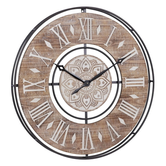 DecMode 34" Brown Metal Floral Wall Clock with Wood Accents
