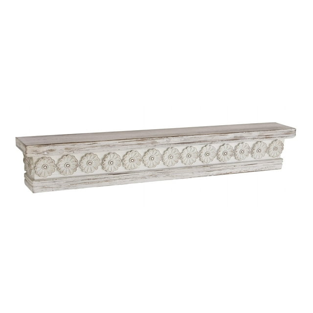 DecMode 36" x 5" Intricate Carved 1-Tier White Floral Wall Shelf
