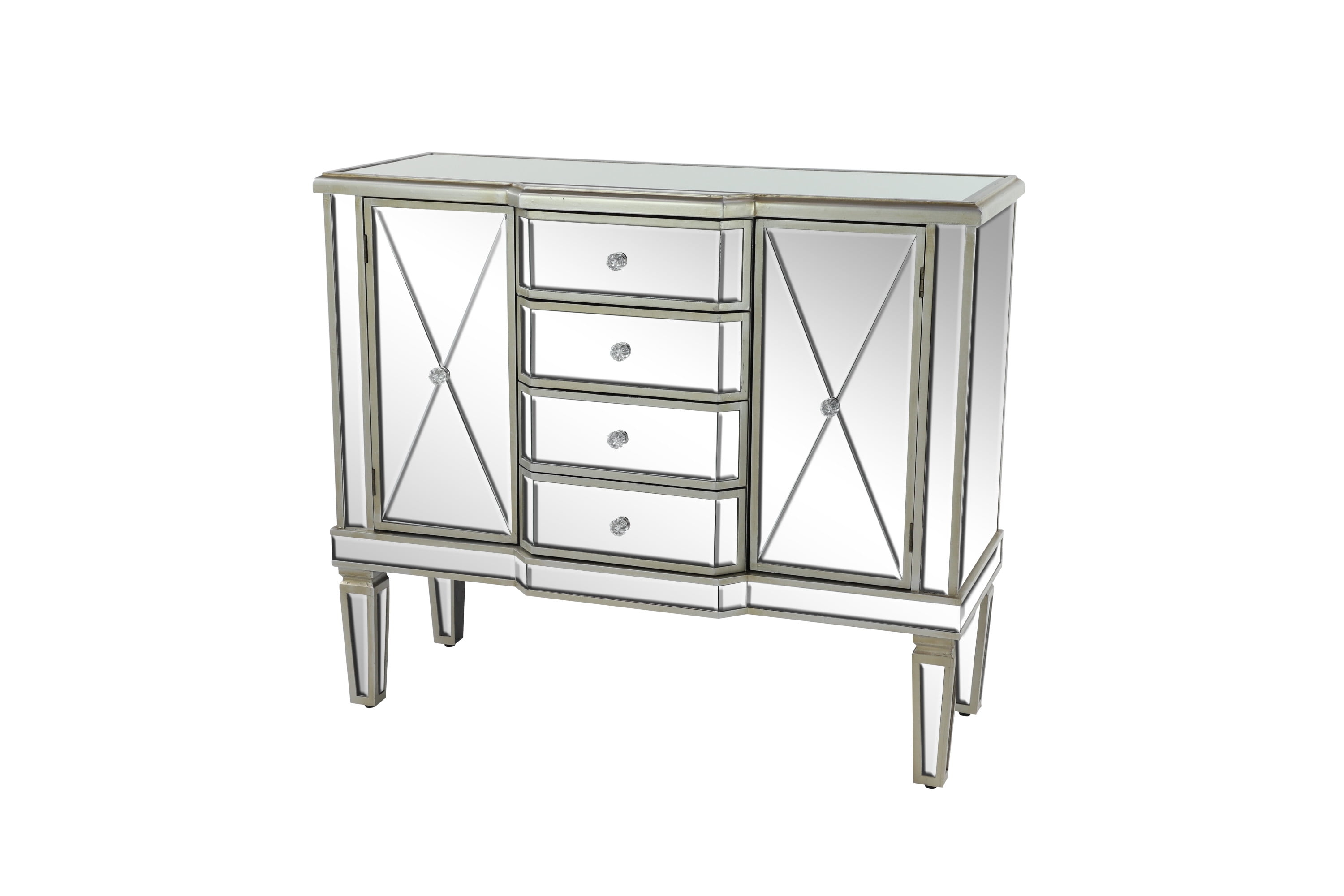 DecMode 39" x 34" Silver Wood Mirrored Panel 4 Drawers 2 Shelves and 2 Doors Buffet with Acrylic Knob Handles, 1-Piece