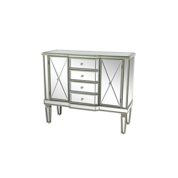 DecMode 39" x 34" Silver Wood Mirrored Panel 4 Drawers 2 Shelves and 2 Doors Buffet with Acrylic Knob Handles, 1-Piece