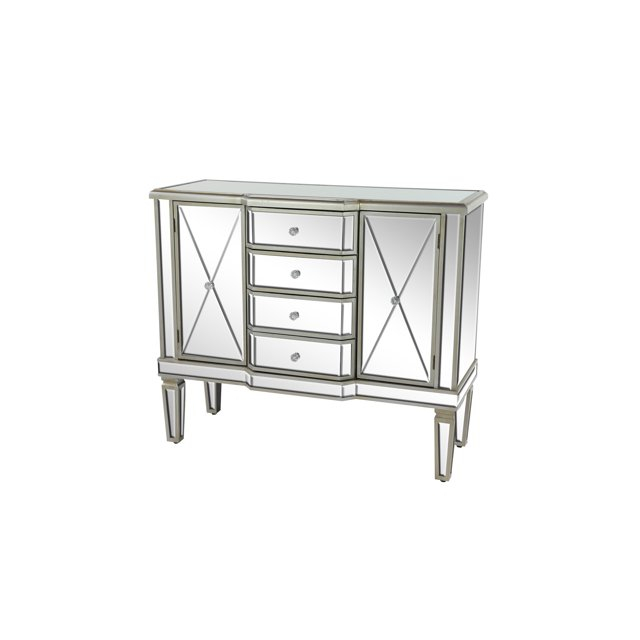 DecMode 39" x 34" Silver Wood Mirrored Panel 4 Drawers 2 Shelves and 2 Doors Buffet with Acrylic Knob Handles, 1-Piece