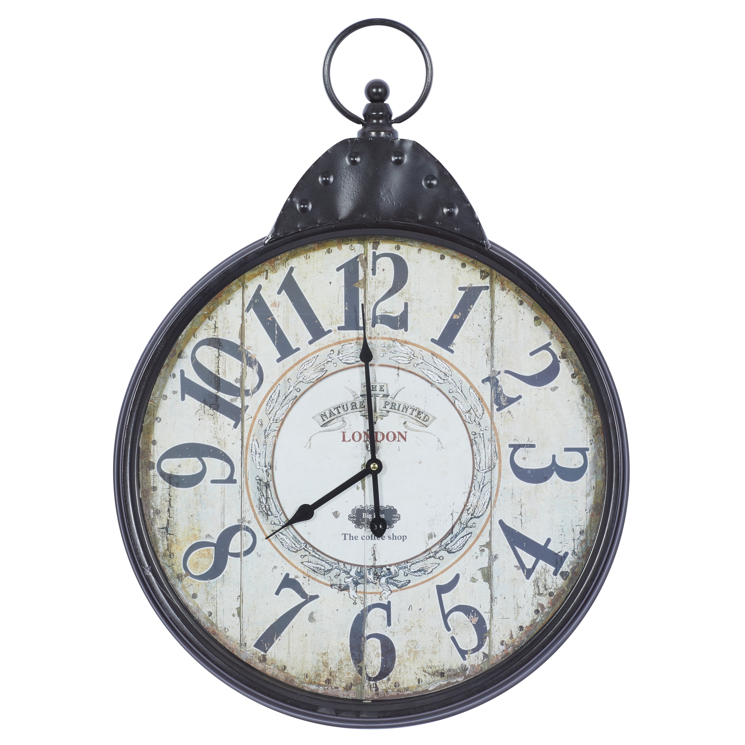 DecMode 20" Black Metal Finial Distressed Pocket Watch Inspired Wall Clock with Beige Clockface