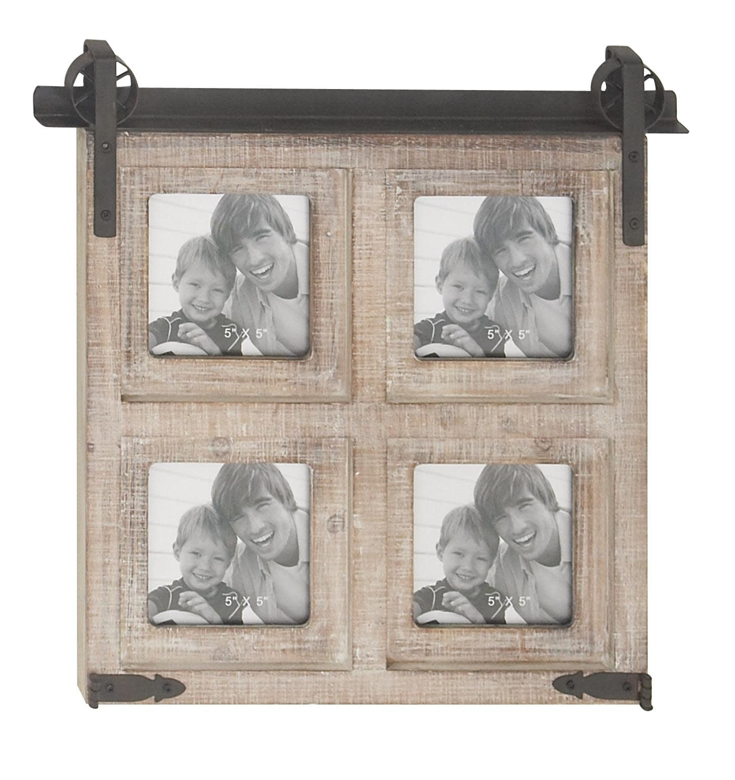 DecMode 4-Opening 5" x 5" Barn Door Brown Wall Photo Frame with Black Metal Accents