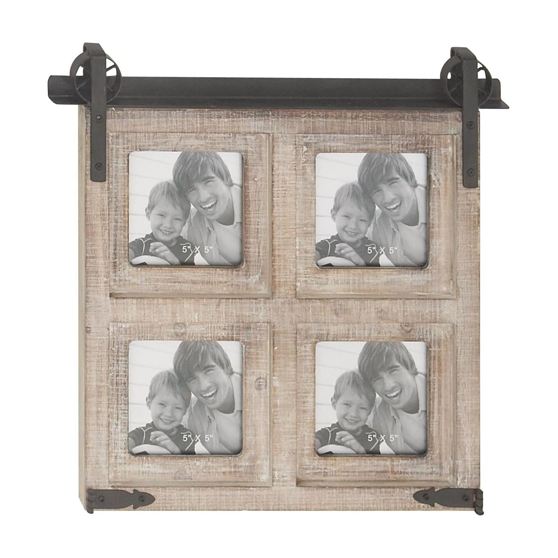 DecMode 4-Opening 5" x 5" Barn Door Brown Wall Photo Frame with Black Metal Accents