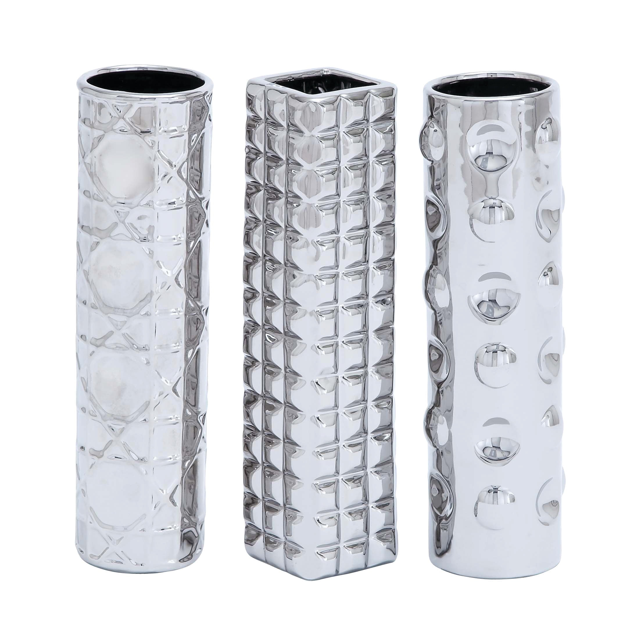DecMode 4"W, 12"H Silver Ceramic Vase with Varying Patterns, Set of 3