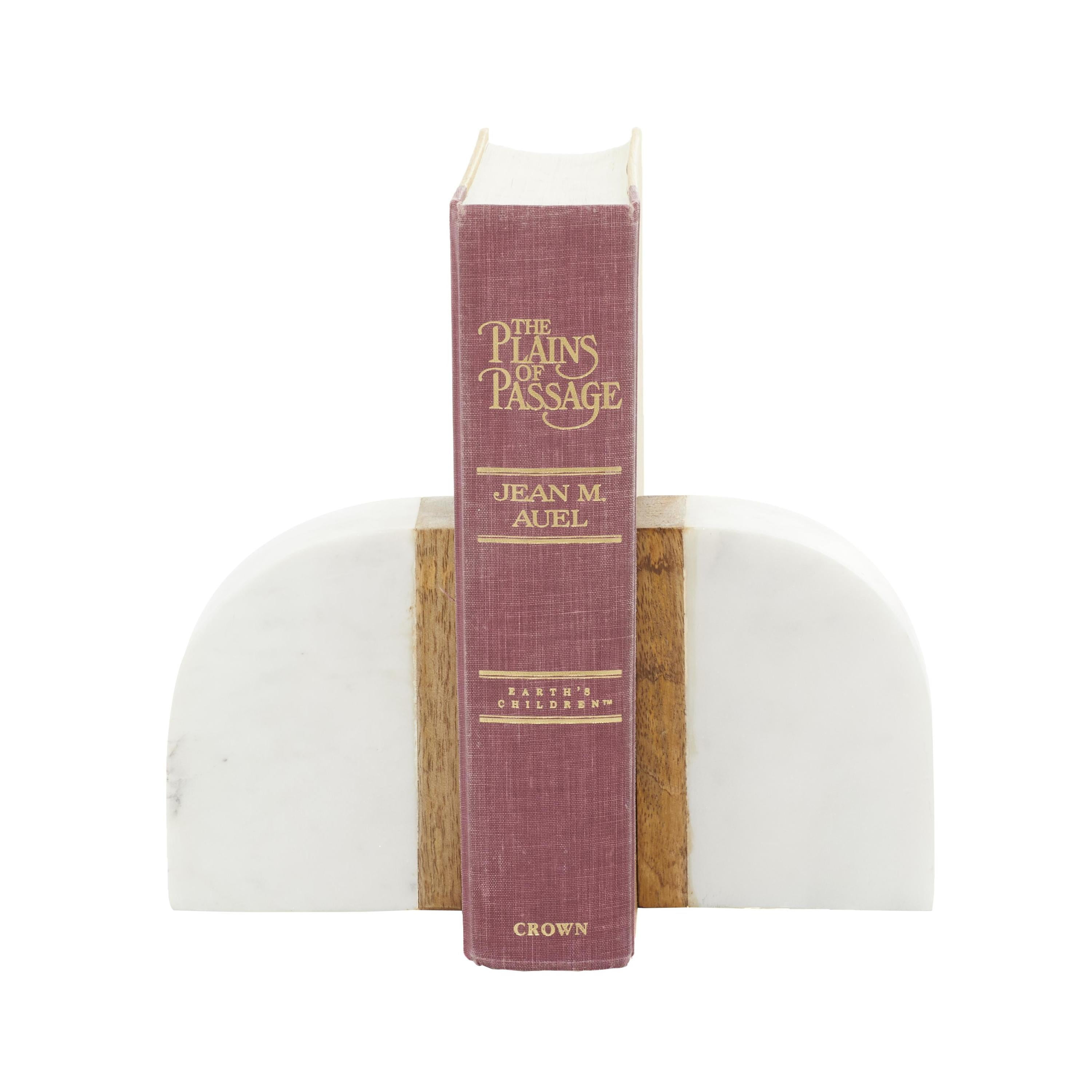 DecMode 4" 5 lbs White Marble Bookends with Wood Details (Set of 2)