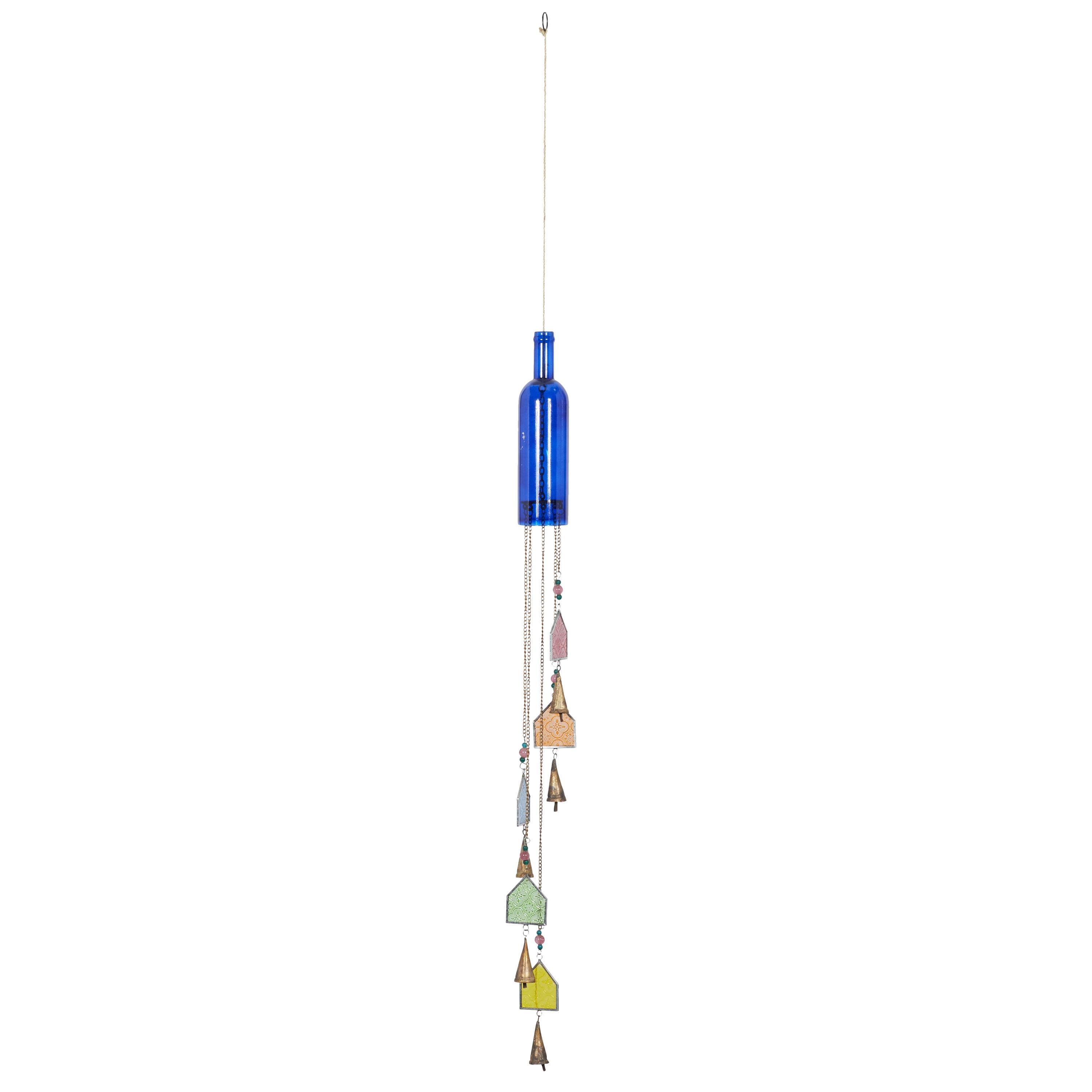 DecMode 41" Blue Glass Bottle Windchime with Beads and Cone Bells