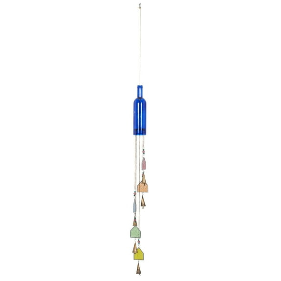 DecMode 41" Blue Glass Bottle Windchime with Beads and Cone Bells