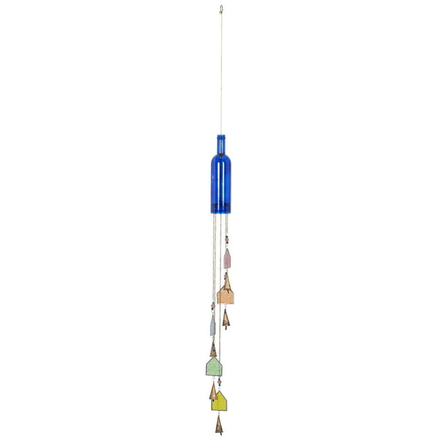 DecMode 41" Blue Glass Bottle Windchime with Beads and Cone Bells