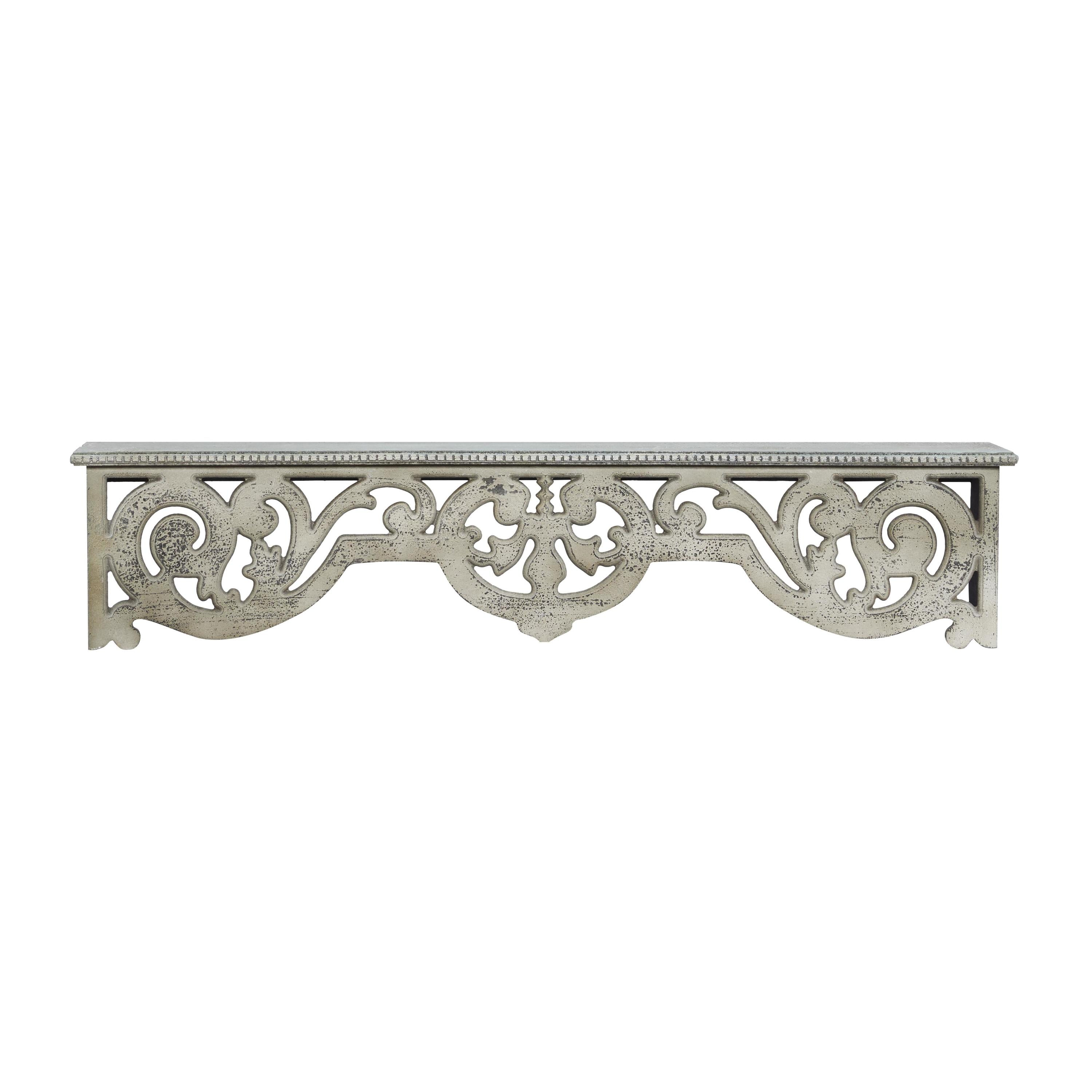 DecMode 48" x 8" 1-Tier Beige Scroll Wall Shelf with Gray Distressing