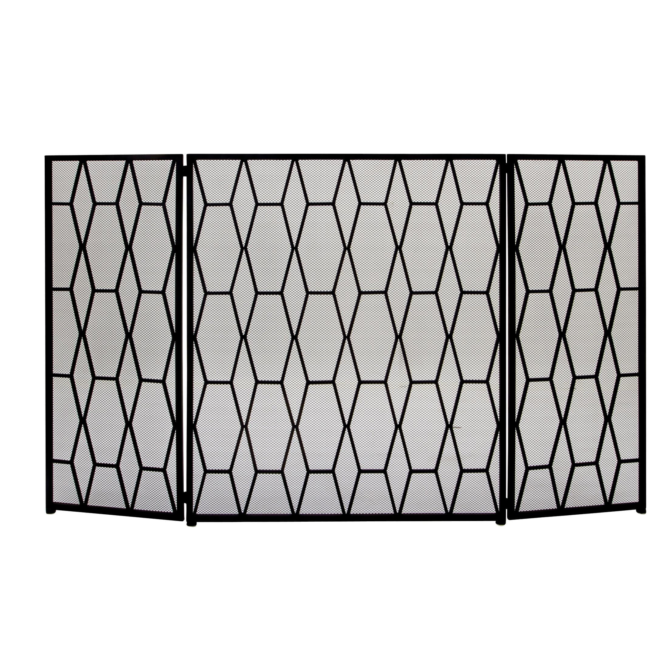 DecMode 51" x 31" Black Metal Foldable 3 Panel Geometric Fireplace Screen with Mesh Netting, 1-Piece
