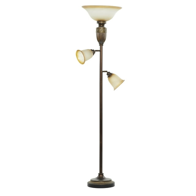 DecMode 70" Antique Style Brown Torchiere with Beige Glass Shade