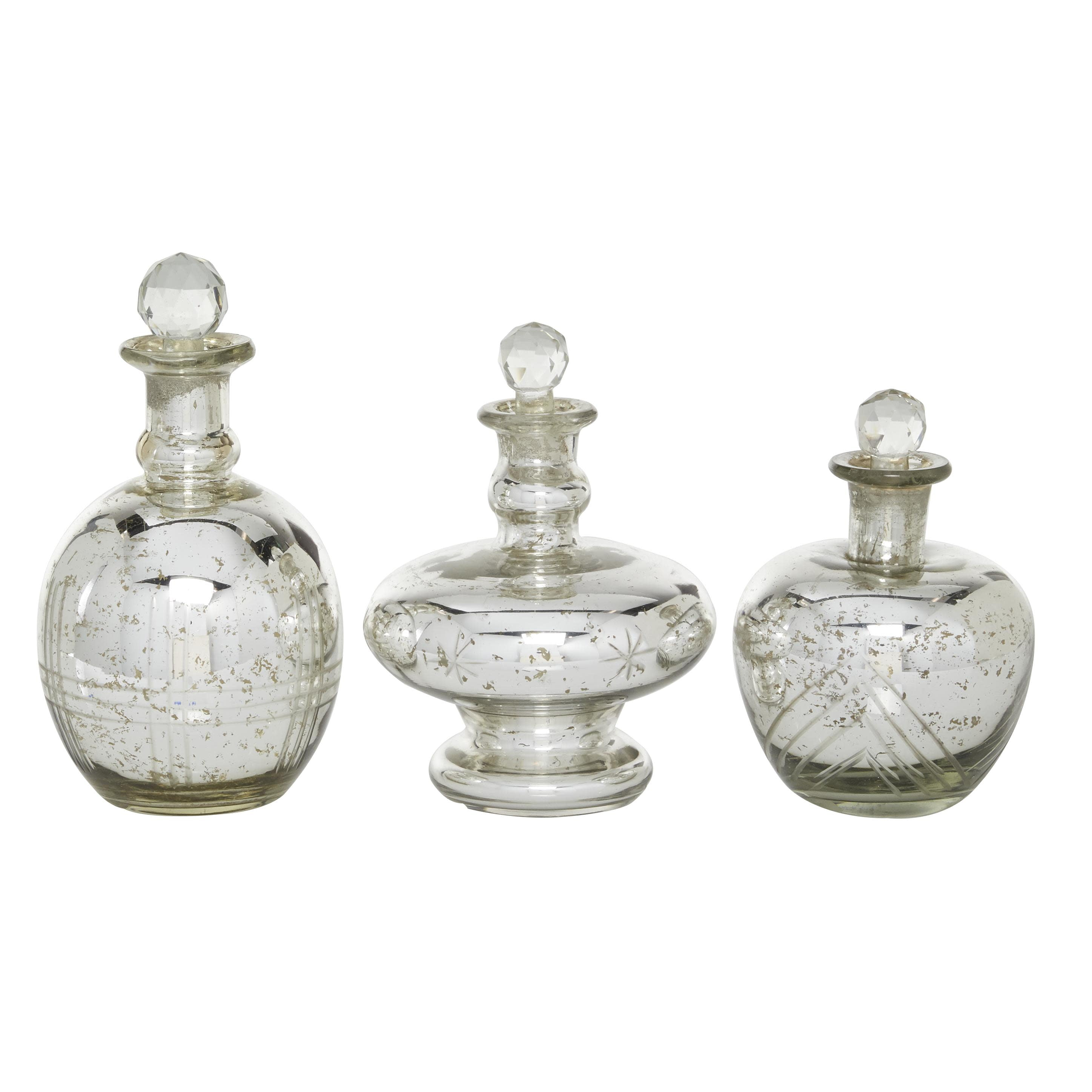 DecMode 8", 9", 7"H Silver Glass Decorative Jars with Crystal Stoppers, 3-Pieces