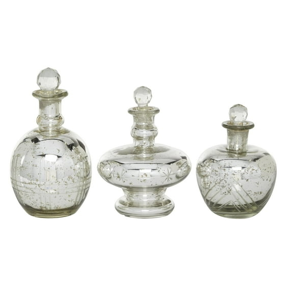 DecMode 8", 9", 7"H Silver Glass Decorative Jars with Crystal Stoppers, 3-Pieces