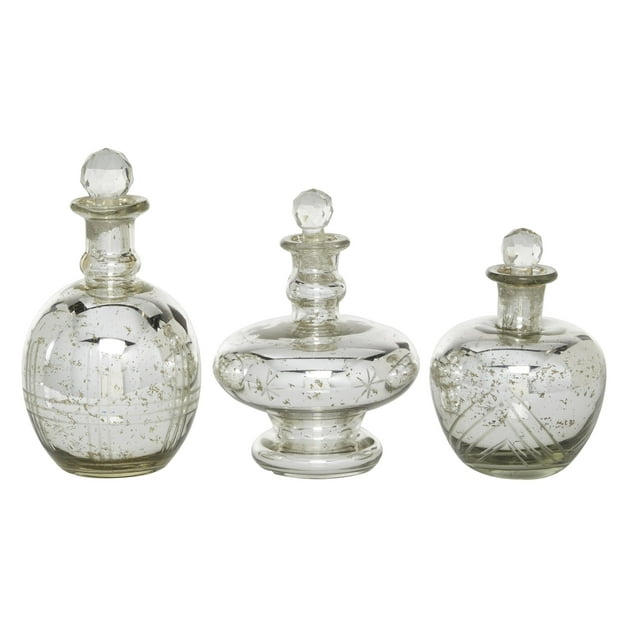 DecMode 8", 9", 7"H Silver Glass Decorative Jars with Crystal Stoppers, 3-Pieces