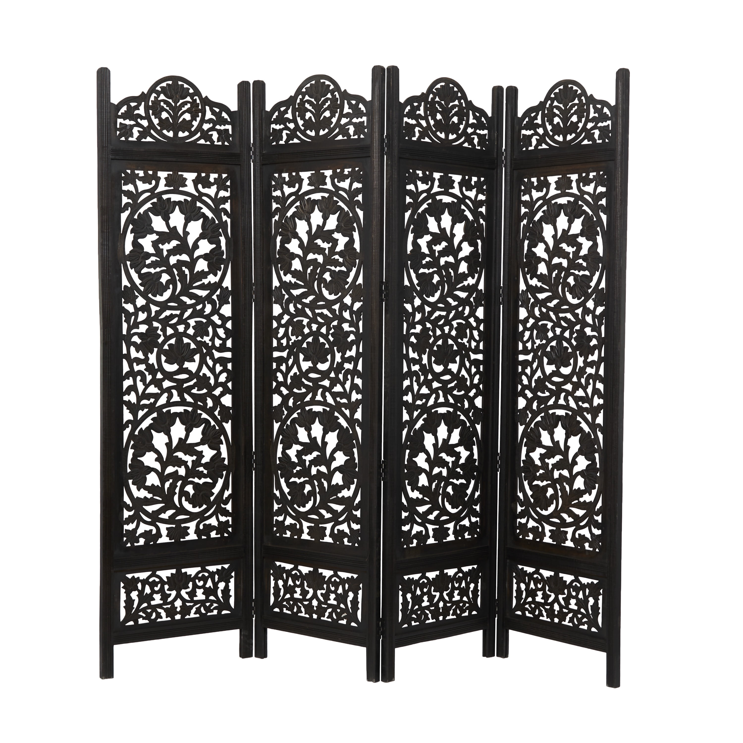 DecMode 80" x 72" Black Wood Floral Handmade Hinged Foldable Partition 4 Panel Room Divider Screen with Intricately Carved Designs, 1-Piece