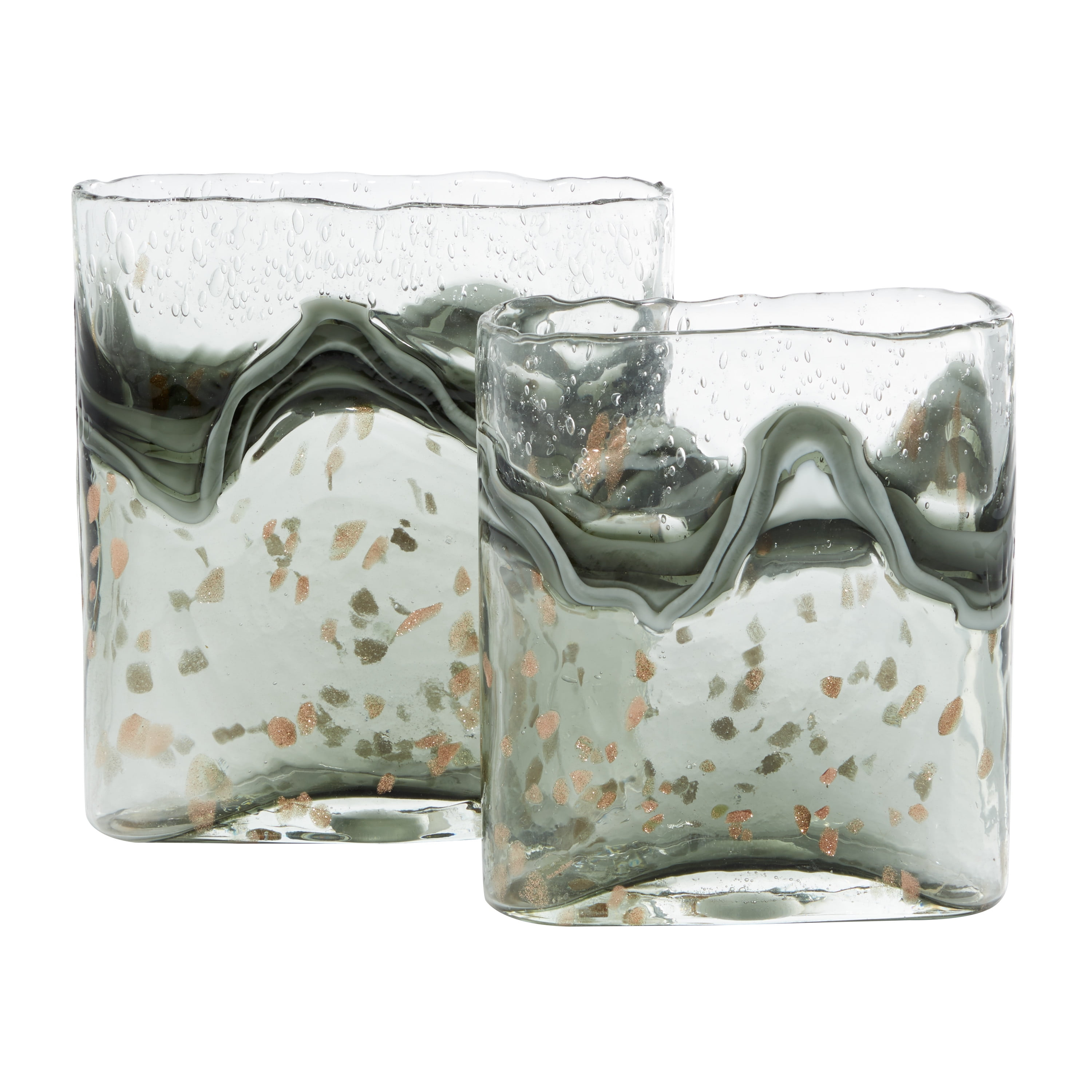 DecMode 9", 8"H Handmade Blown Gray Glass Vase with Speckled Wave Design, Set of 2