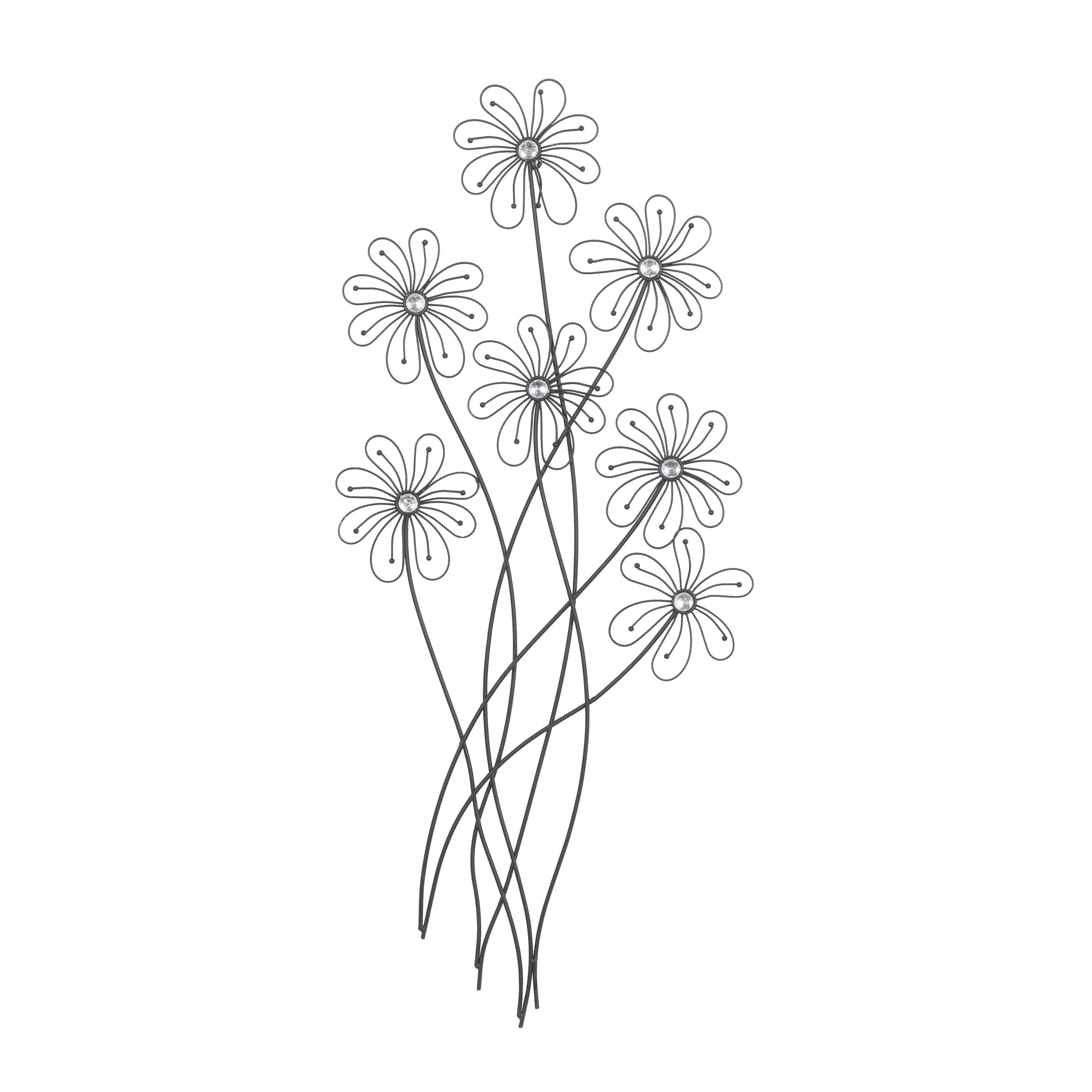 DecMode Black Metal 3D Wire Floral Wall Decor with Crystal Embellishments