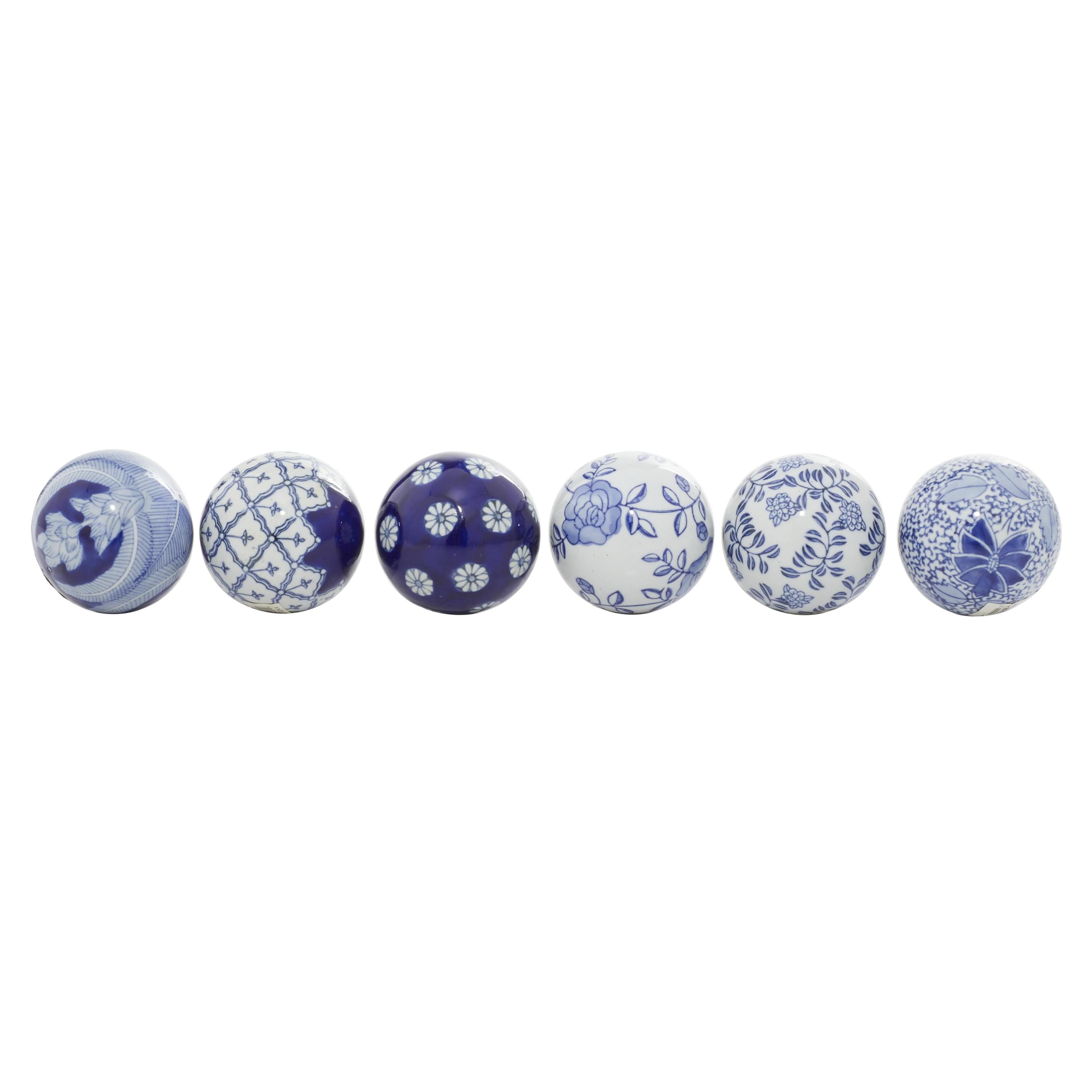 DecMode Blue 3" Floral Handmade Glossy Ceramic Orbs & Vase Filler with Varying Patterns (6 Count)