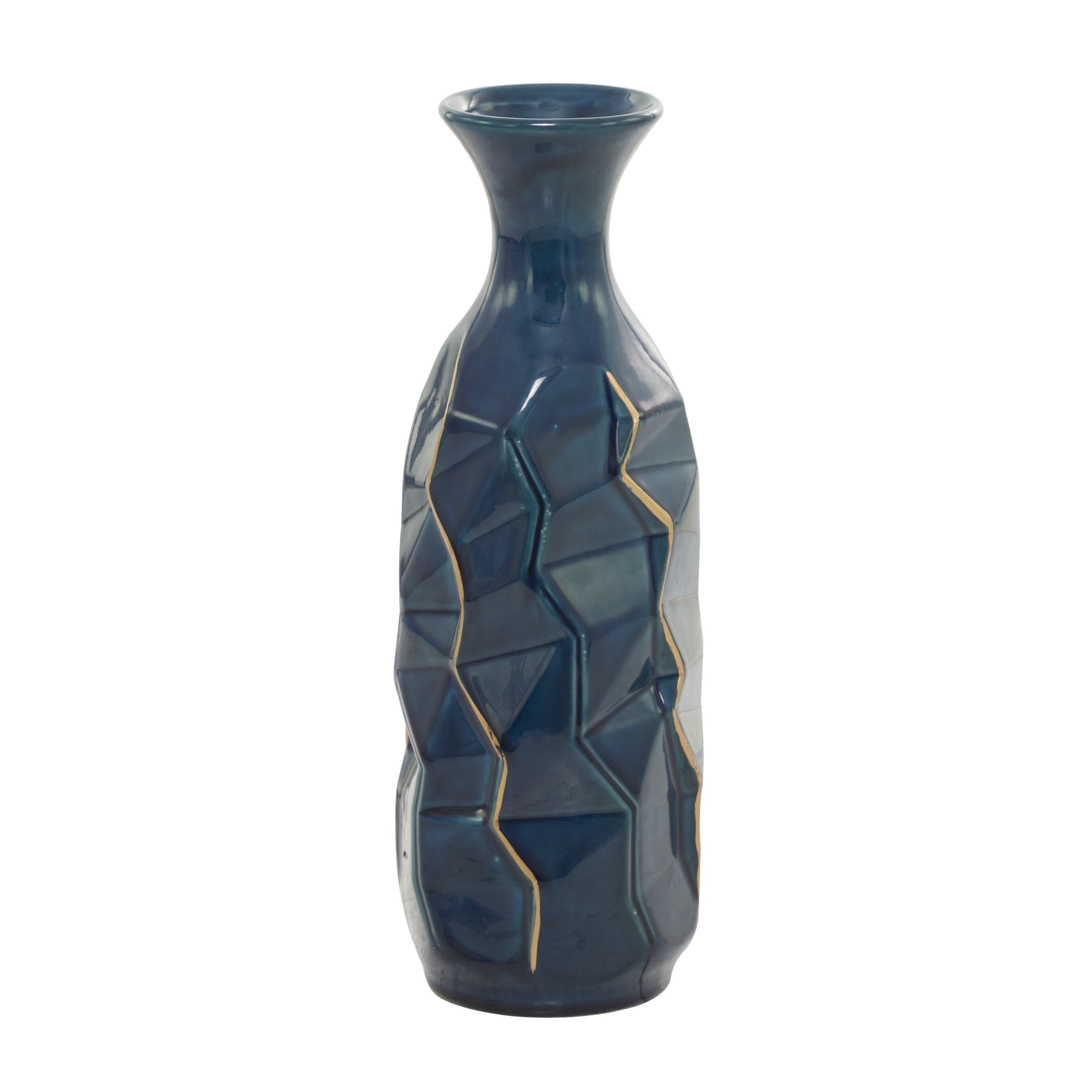 DecMode Blue Ceramic Modern and Coastal Vase 5"W x 15"H, featuring Minimalist Design with clean Lines and Angular Structures