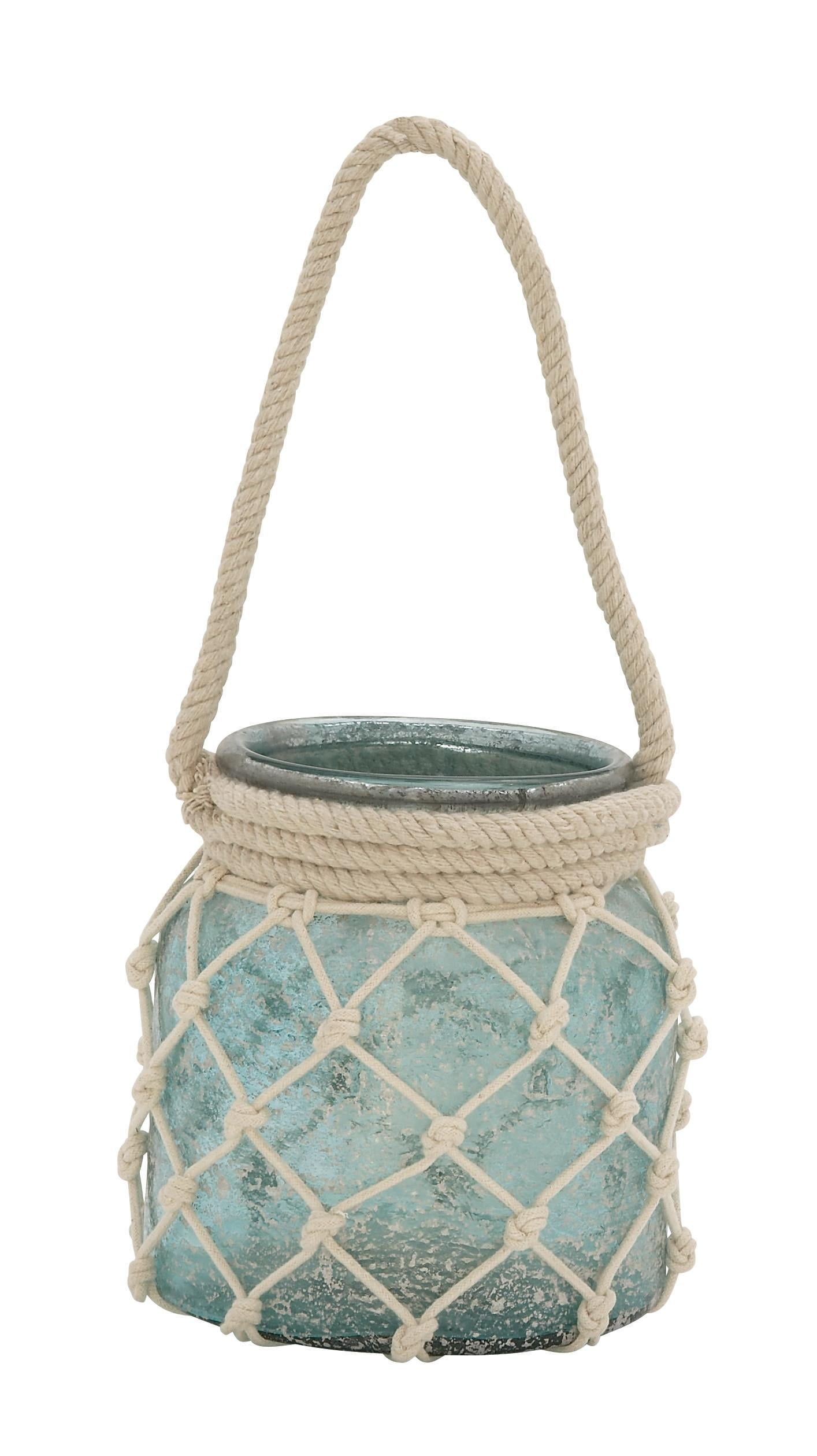 DecMode Blue Glass Decorative Candle Lantern with Rope Handle
