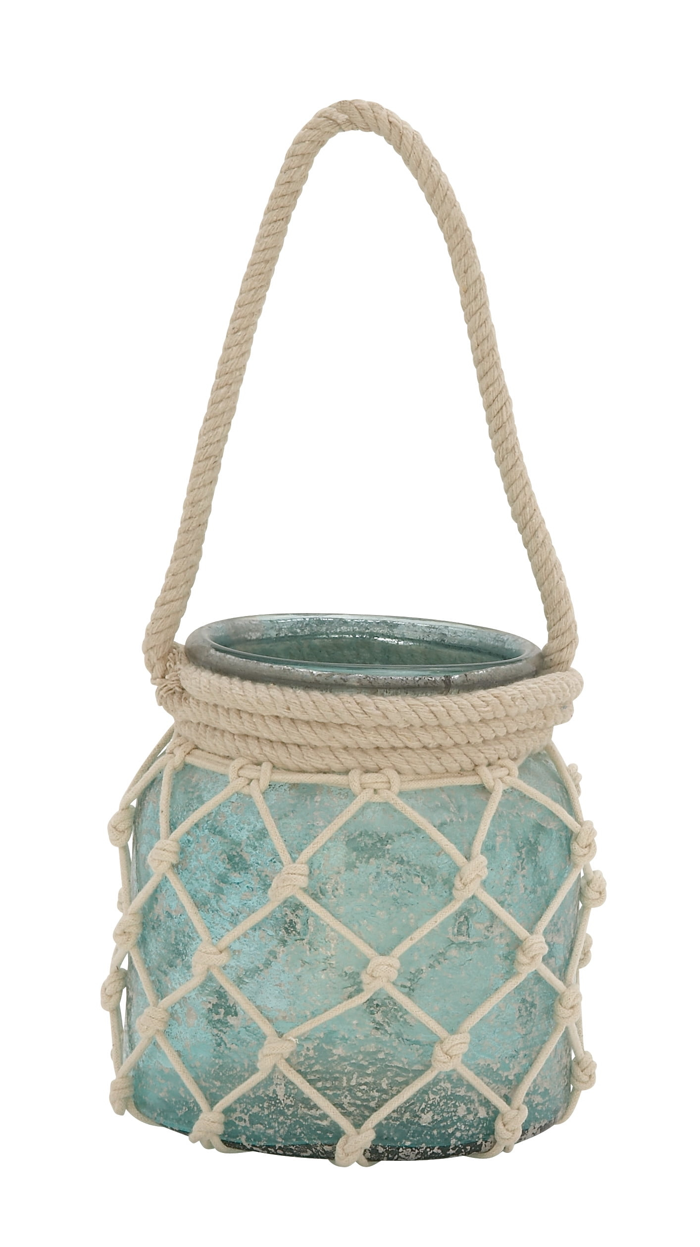 DecMode Blue Glass Decorative Candle Lantern with Rope Handle