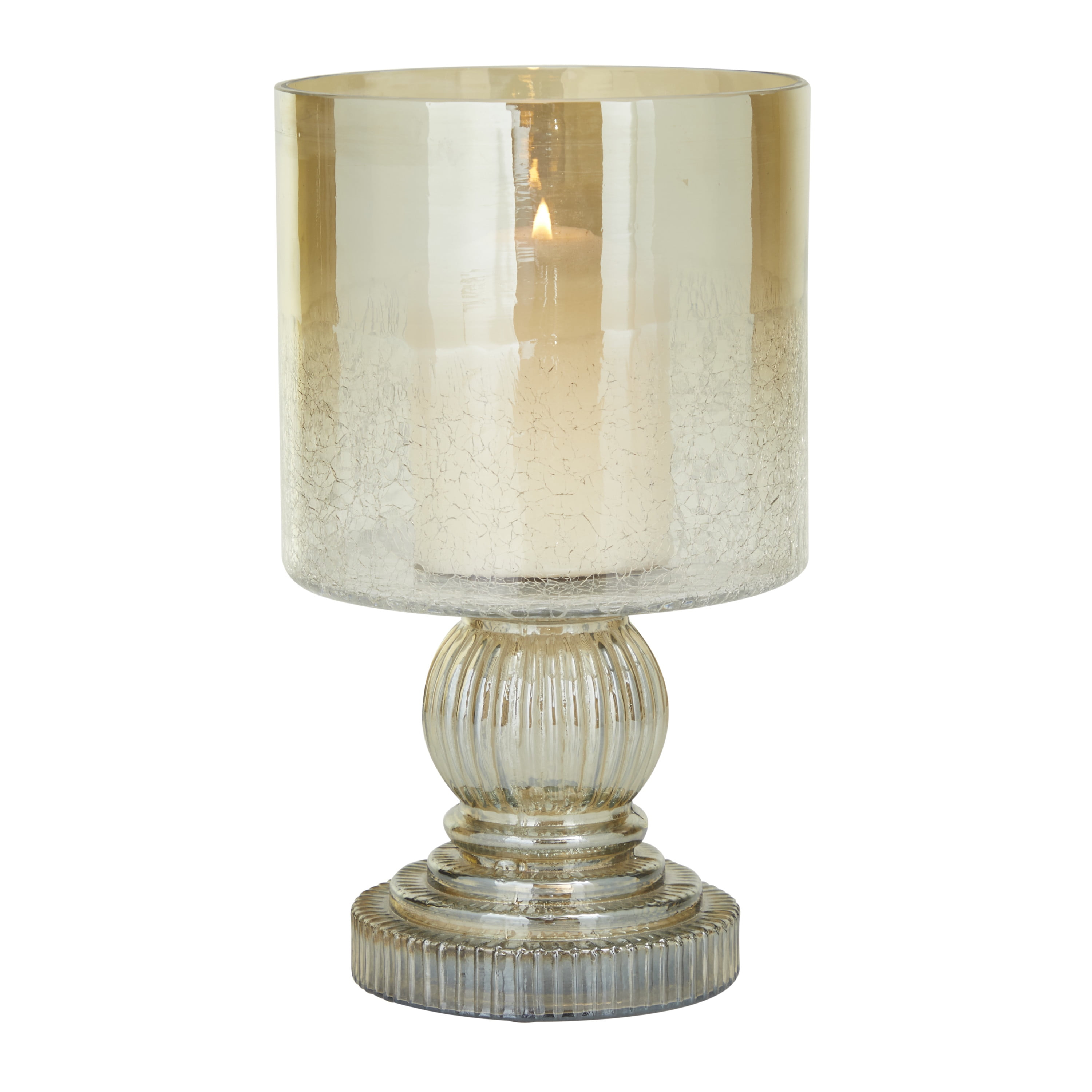 DecMode Brass Glass Handmade Turned Style Pillar Hurricane Lamp with Faux Mercury Glass Finish