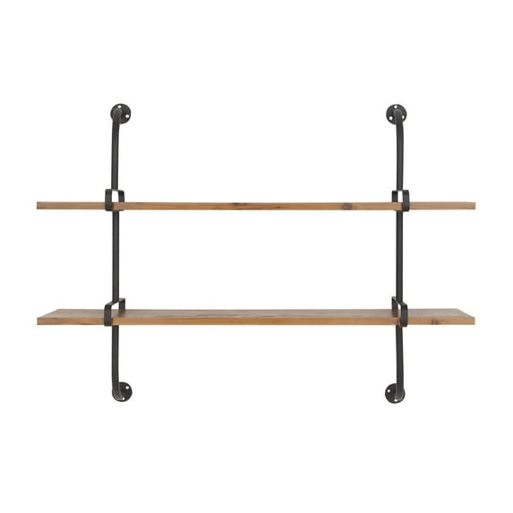 Brown Iron and Fir Wood 2-Tier Wall Shelf, 37" x 29"