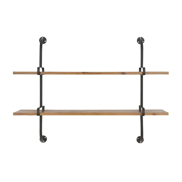 Brown Iron and Fir Wood 2-Tier Wall Shelf, 37" x 29"