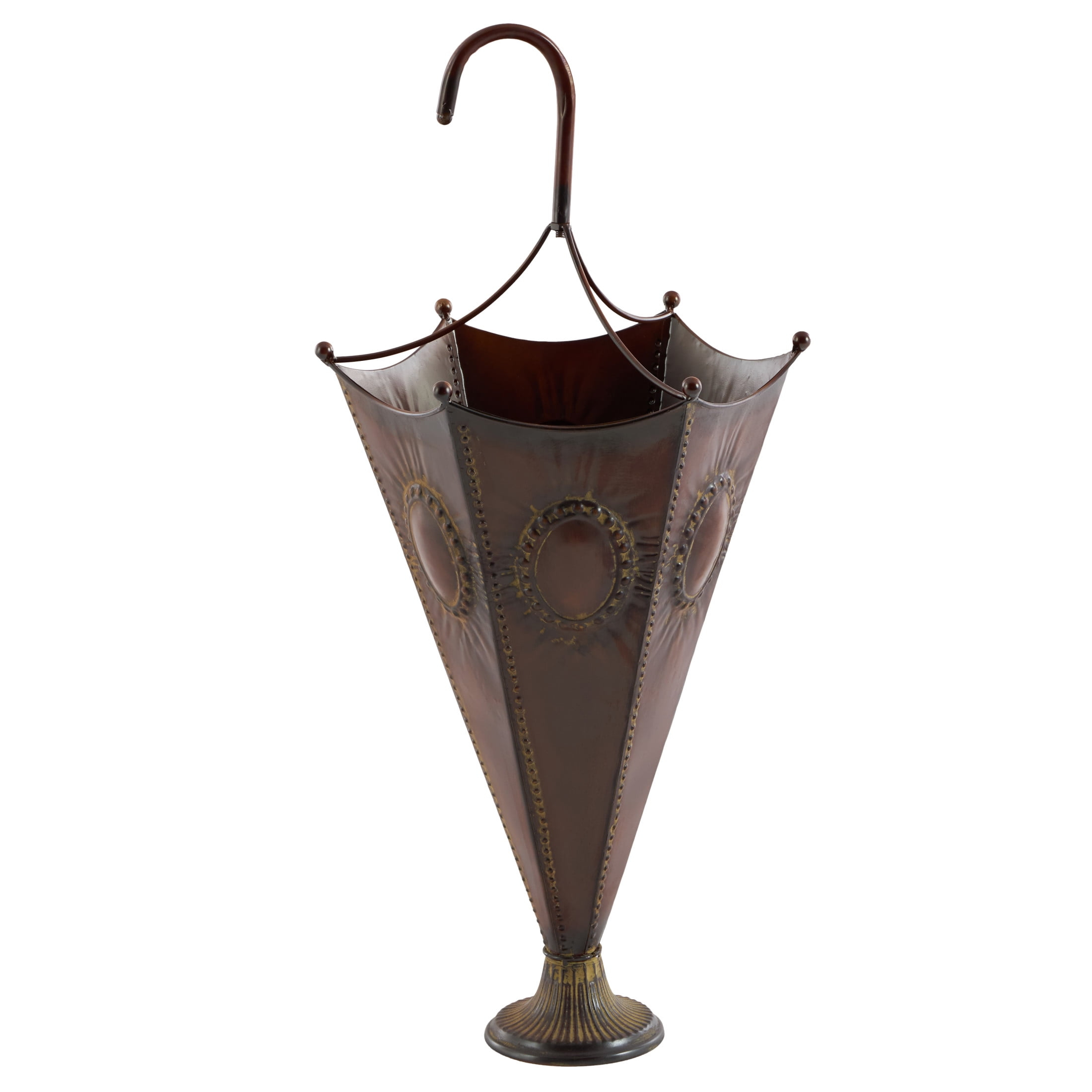 DecMode Brown Metal Umbrella Stand with Embossed Emblems
