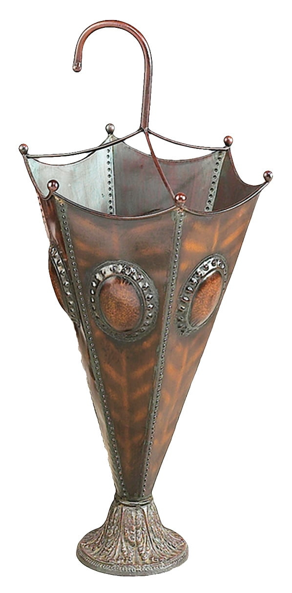 DecMode Brown Metal Umbrella Stand with Embossed Emblems