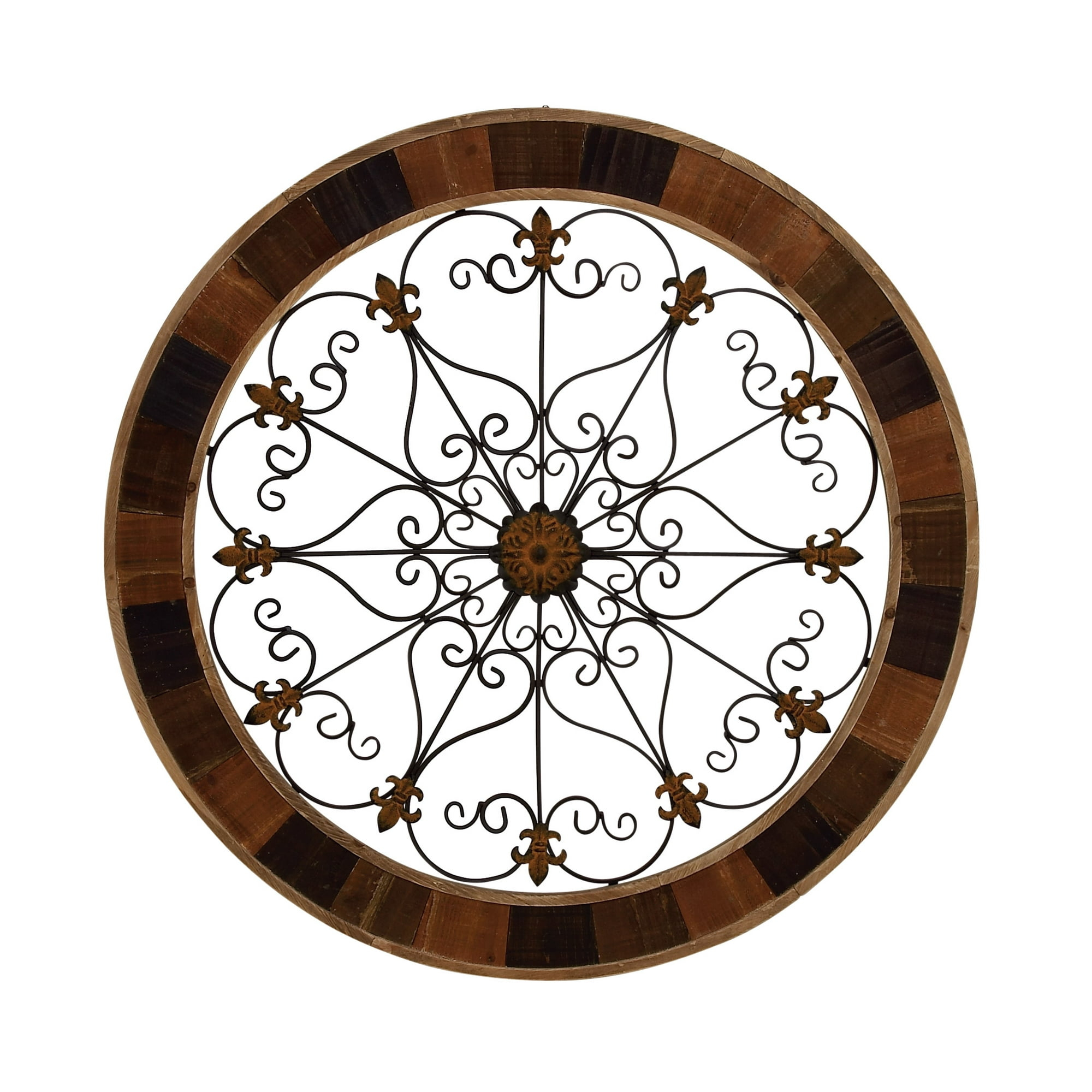 DecMode Brown Wood Arabesque Scroll Wall Decor with Metal Fleur De Lis Relief