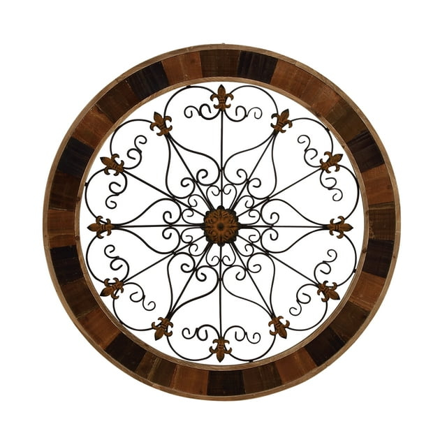 DecMode Brown Wood Arabesque Scroll Wall Decor with Metal Fleur De Lis Relief