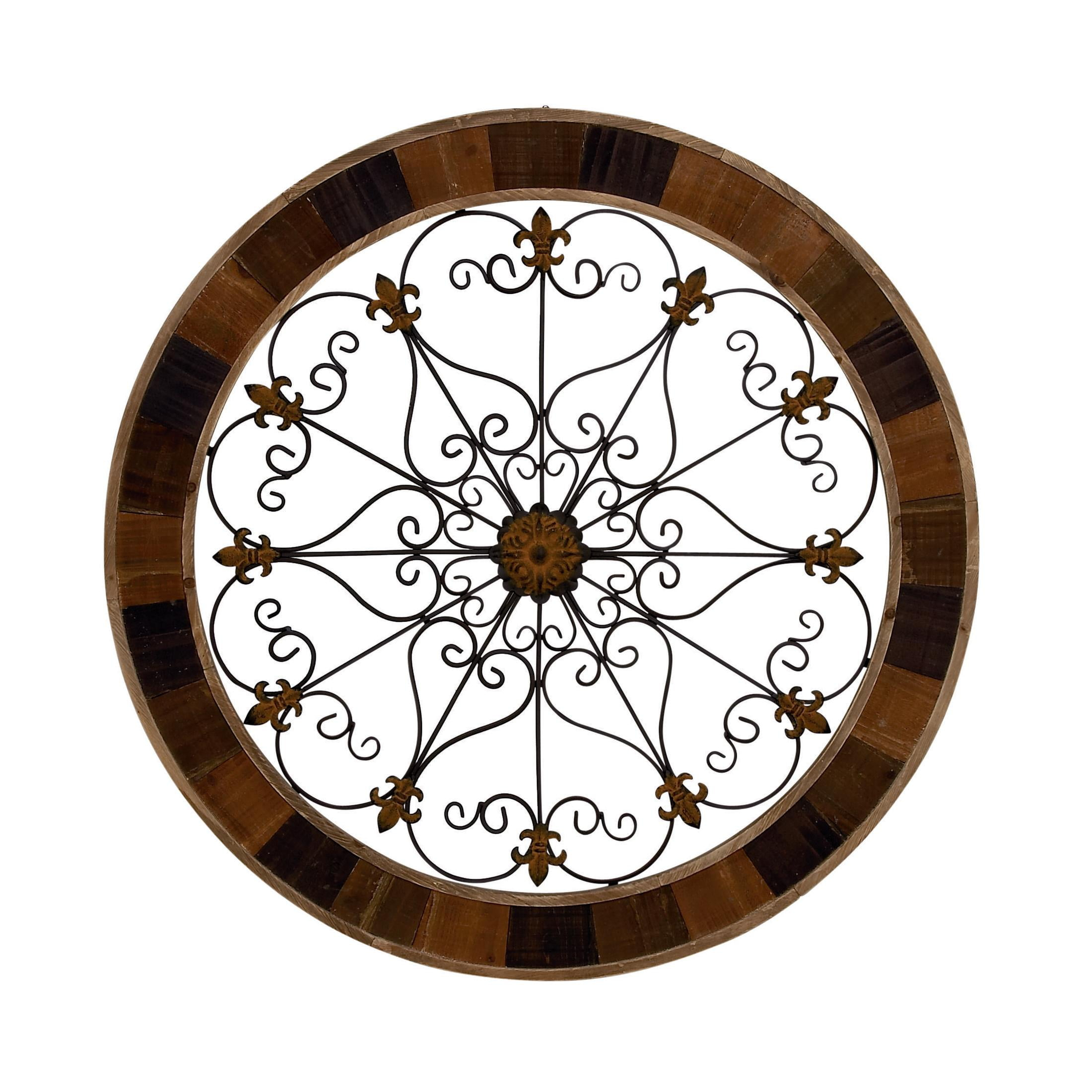 DecMode Brown Wood Medallion Scroll Wall Decor with Metal Fleur-De-Lis Detail