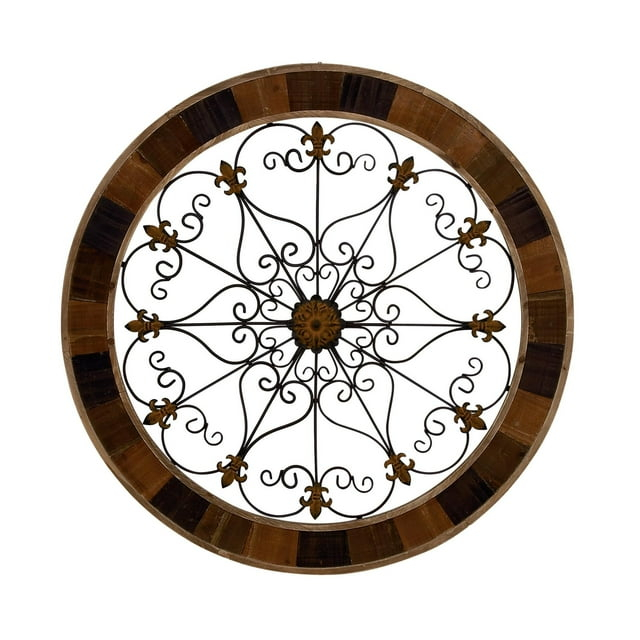 DecMode Brown Wood Scroll Medallion Home Wall Decor with Metal Fleur-De-Lis Detail, 35" x 1" x 35"