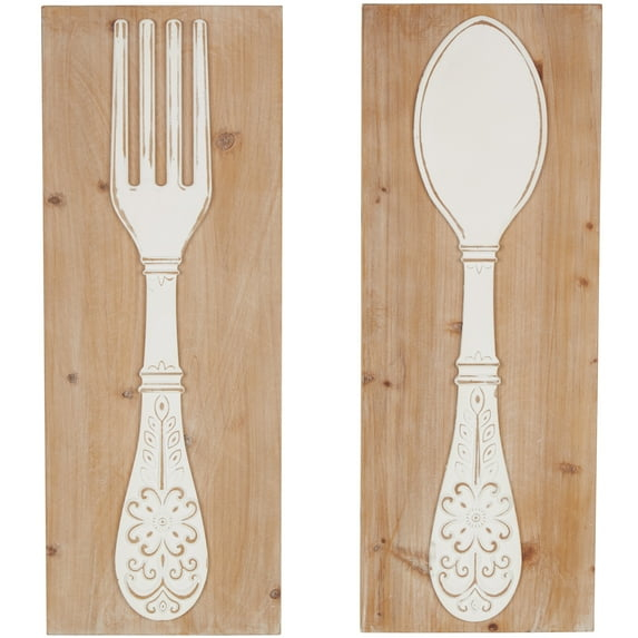 DecMode Brown Wooden Utensils Wall Decor with Carved White Floral Designs (2 Count)