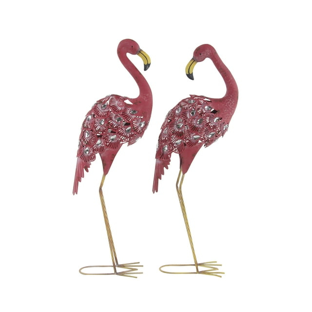 DecMode Coastal Outdoor Metal Standing Pink Flamingo Garden Sculpture, Set of 2 10"W x 38"H
