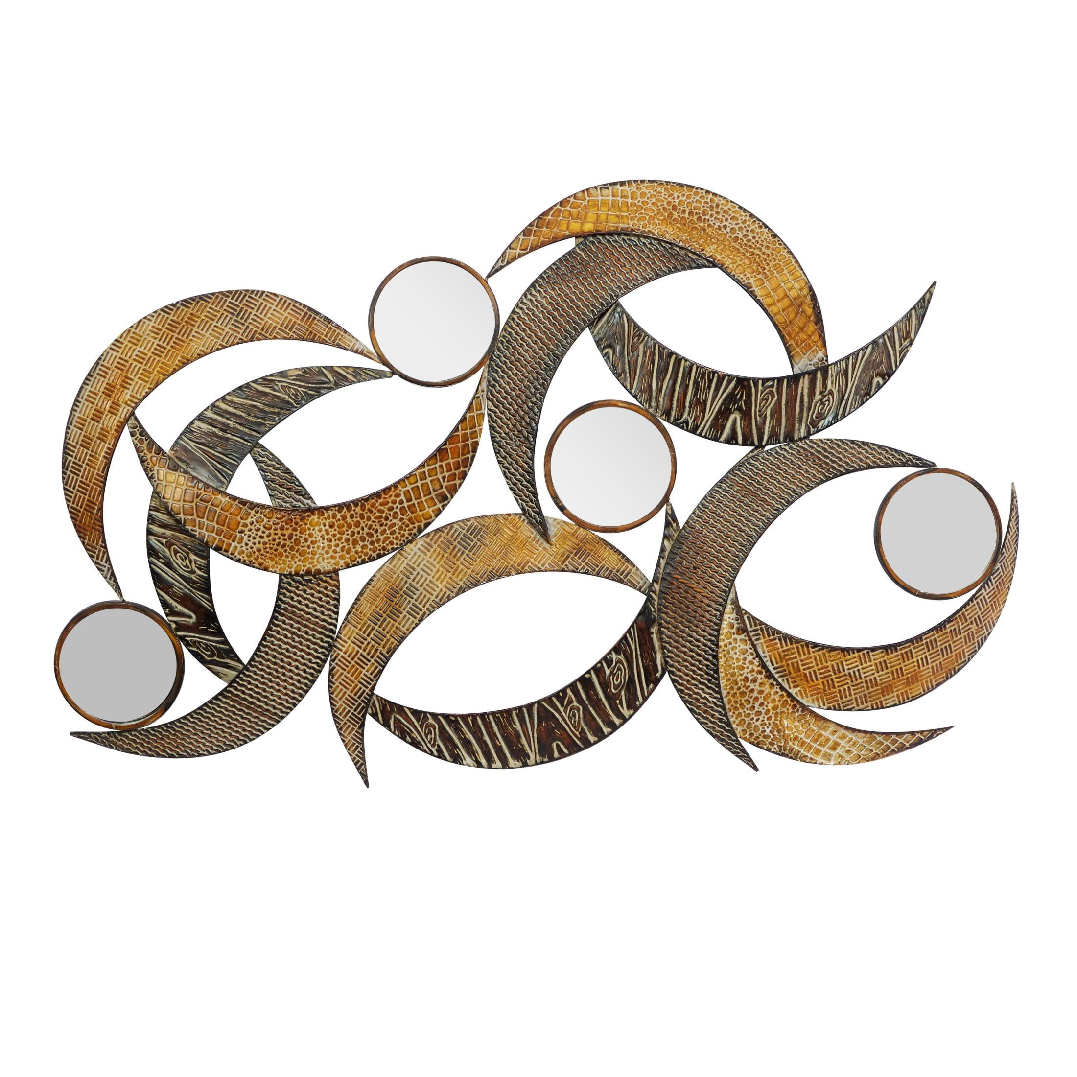 DecMode Contemporary Curved Metal Stips with Indigenous Patterns Wall Décor, 24"W x 40"H Features Gray, Brown, Maroon and Yellow Polished Finish