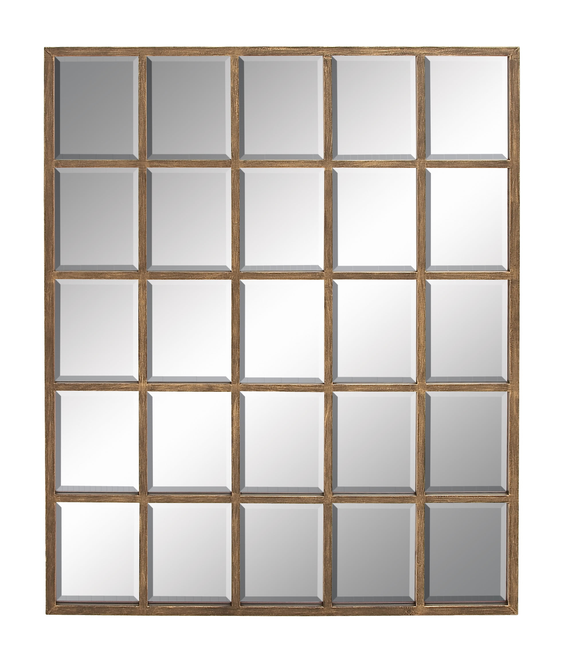 DecMode Contemporary Squre Wood Window Shaped Wall Mirror, 56"W x 44"H with Distressed Brass Colored Frame