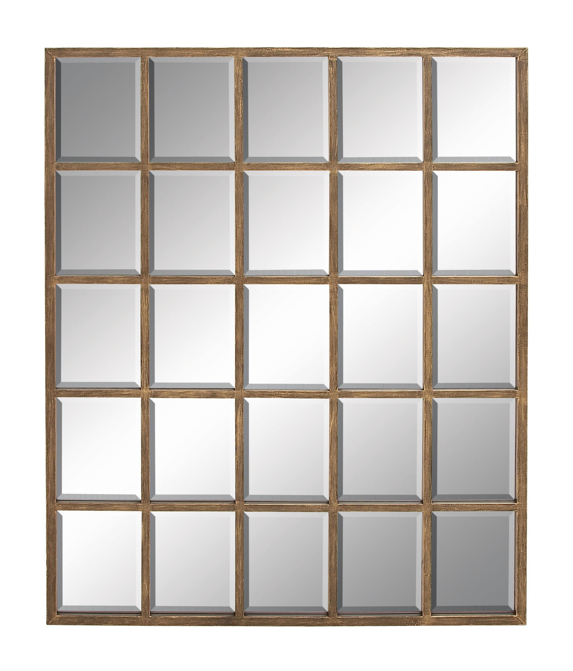 DecMode Contemporary Squre Wood Window Shaped Wall Mirror, 56"W x 44"H with Distressed Brass Colored Frame