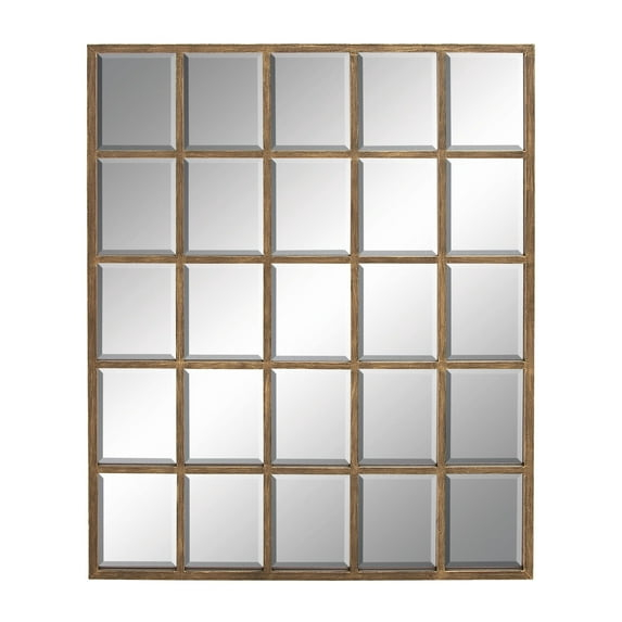 DecMode Contemporary Squre Wood Window Shaped Wall Mirror, 56"W x 44"H with Distressed Brass Colored Frame