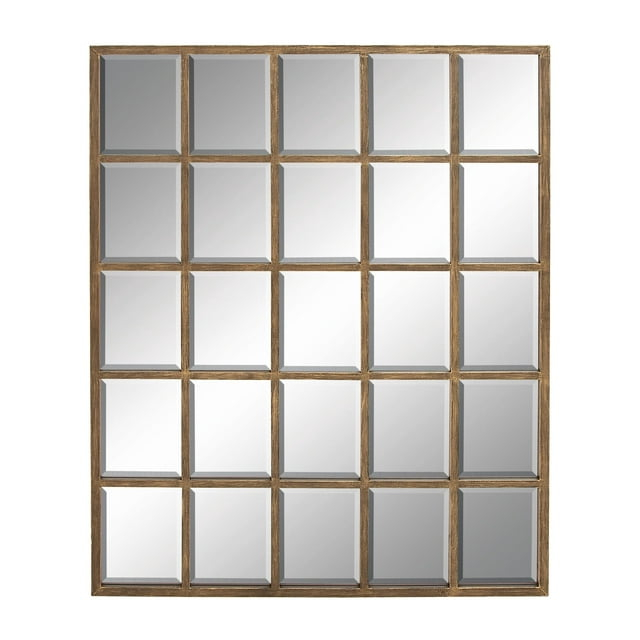 DecMode Contemporary Squre Wood Window Shaped Wall Mirror, 56"W x 44"H with Distressed Brass Colored Frame