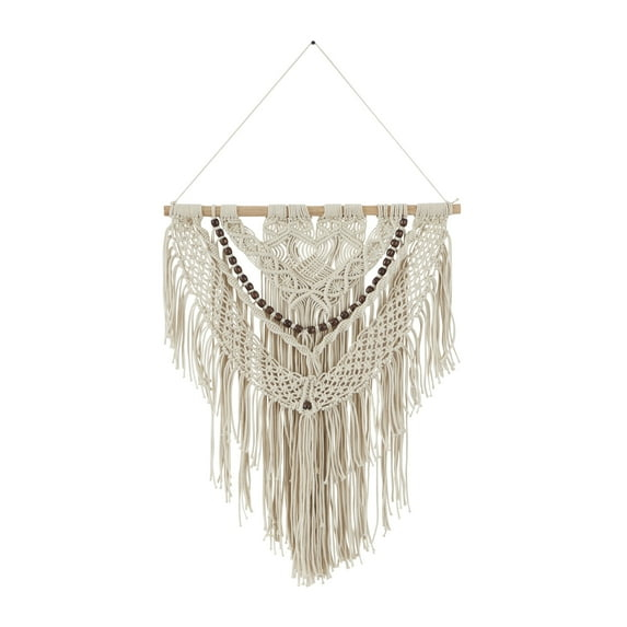 DecMode Cream Cotton Intricately Weaved Macrame Wall Decor with Beaded Fringe Tassels