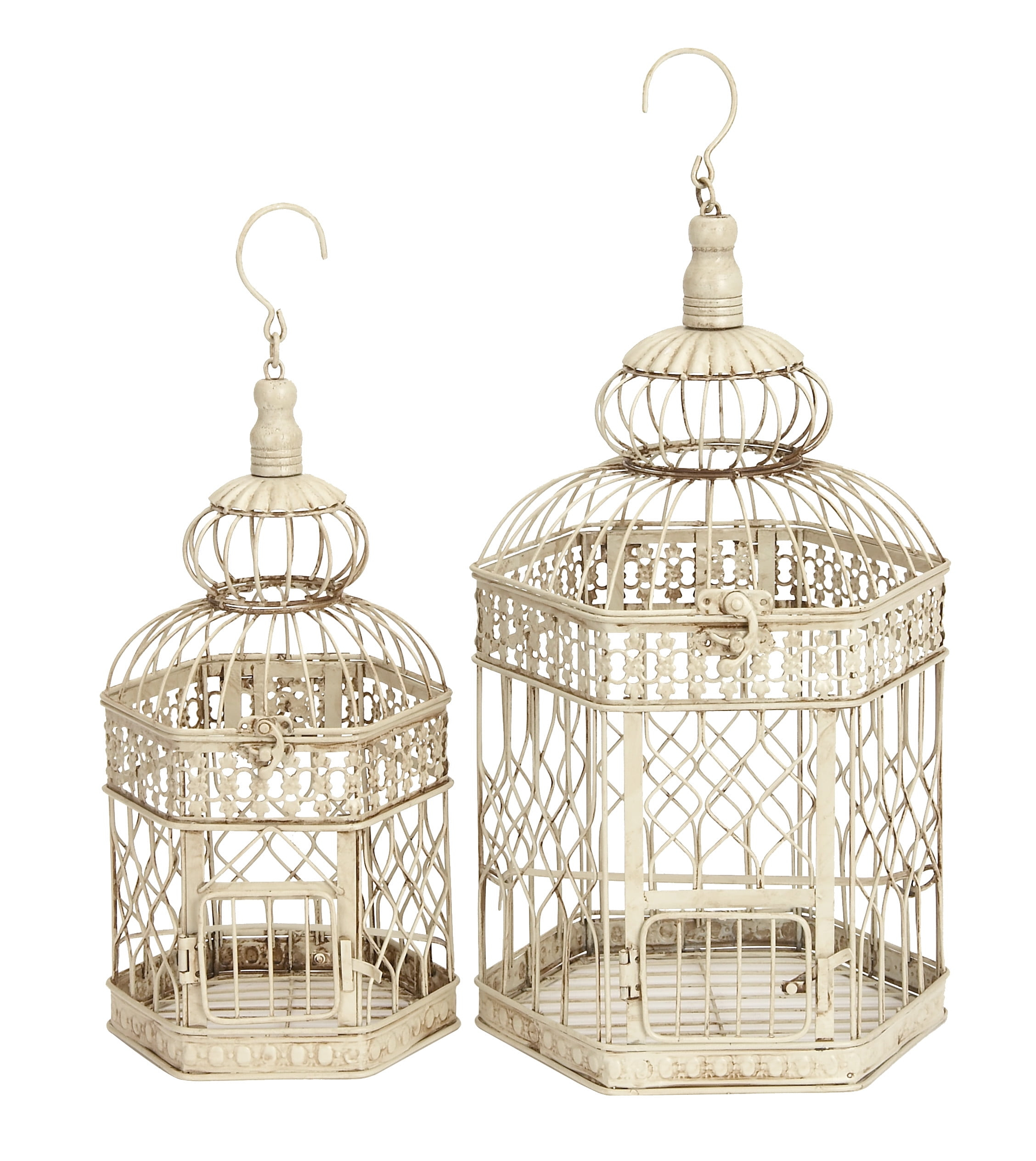 DecMode Cream Vintage Metal Birdcage with Crisscross Vertical Bars and Floral Embossed Design, Set of 2 21", 18"H